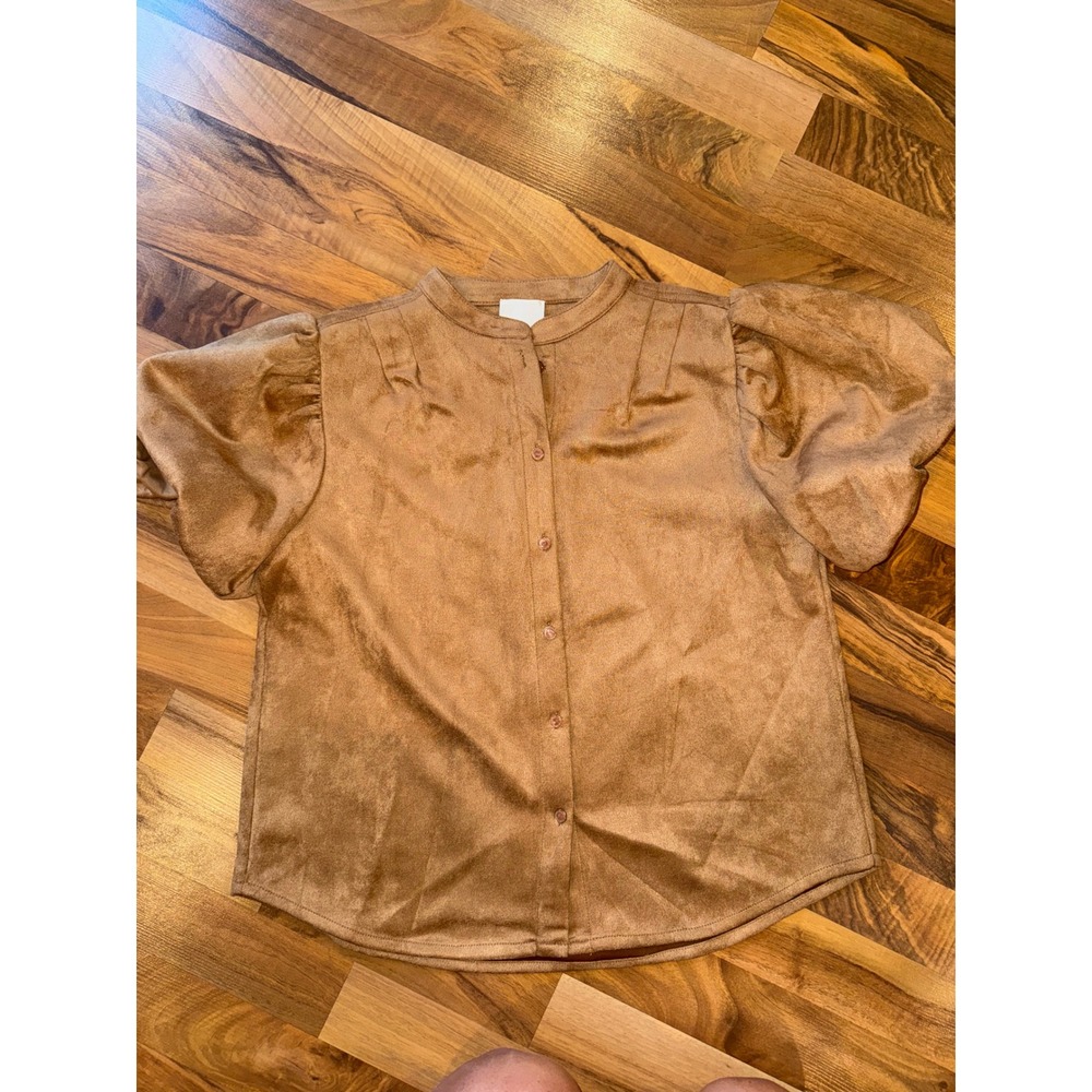 Industry Faux Suede Top Women Medium Caramel Brown NEW Puff Sleeve Button Down